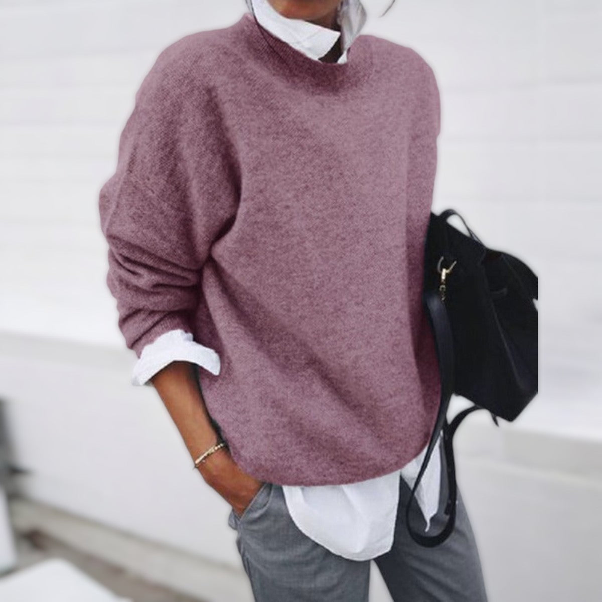Pull en maille mélange, col rond, manches longues, rose.