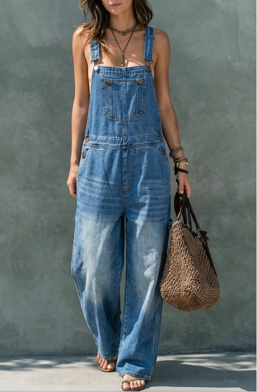 Salopette en jean bleue à bretelles, taille élastique, jambes larges
