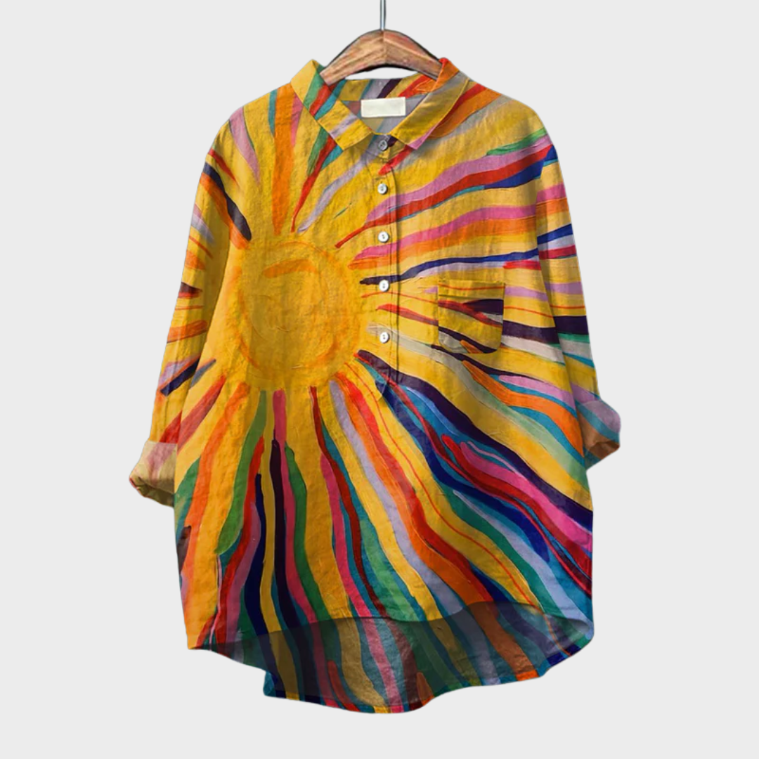 Blouse Auriane multicolore imprimé soleil, col, patte boutonnée et poche, manches longues