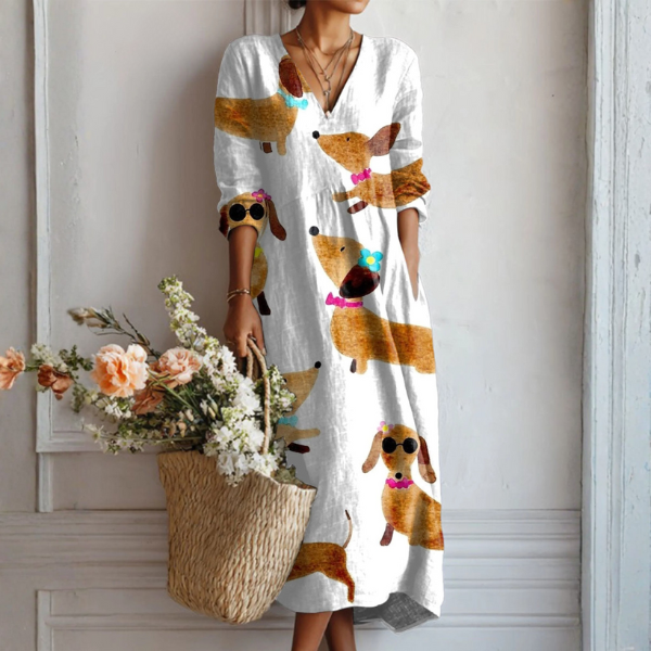 Robe Clara™ blanche à manches longues, imprimé chiens colorés, col en V.