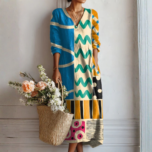 Robe décontractée multicolore à col en V, manches trois-quarts, motif zigzag et graphique