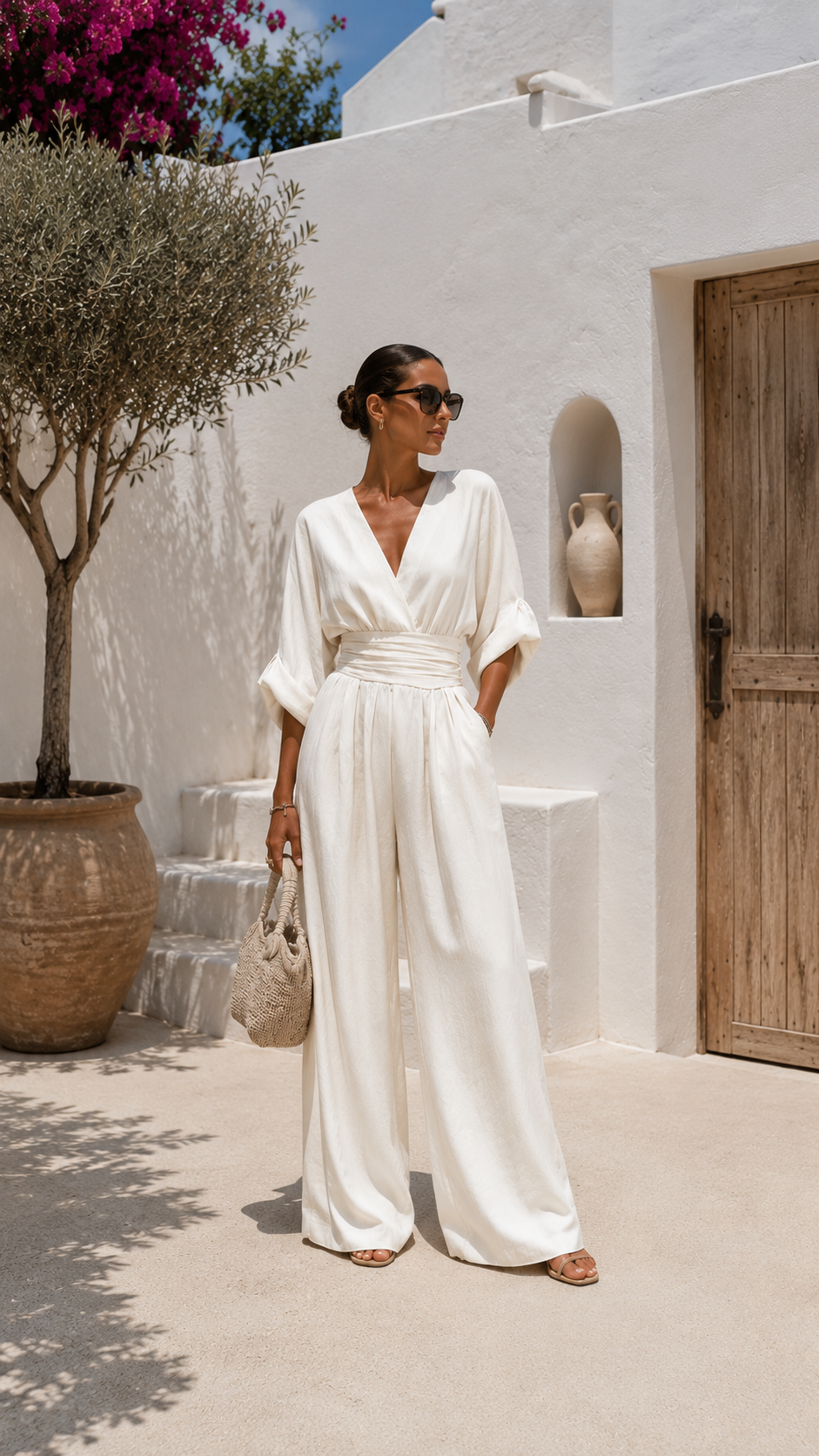 Robe longue blanche en mousseline, décolleté en V, manches évasées, taille ceinturée