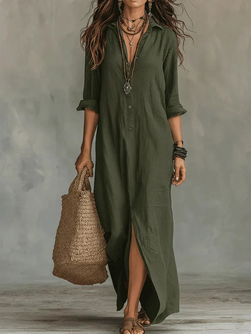 Robe maxi ample verte à boutons, manches trois-quarts et fente centrale