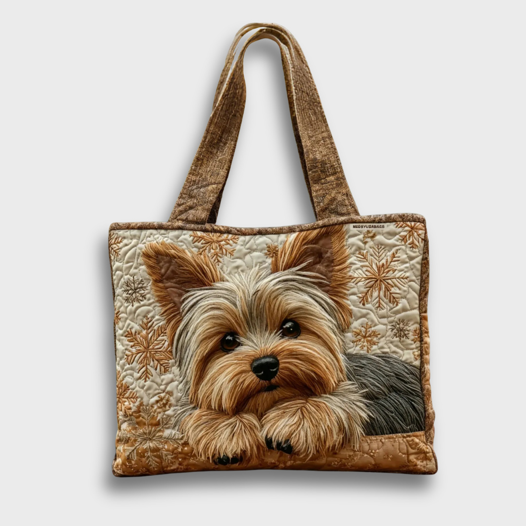 Sac bourse matelassé beige à motifs, tête de chien brodée, anses marron