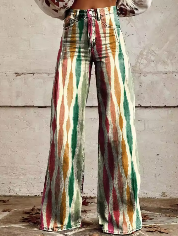 Pantalon bohème évasé multicolore à motif abstrait, taille élastique