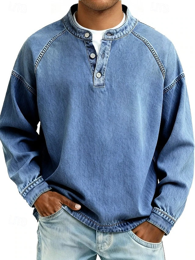 Henley manches longues délavé bleu, encolure boutonnée