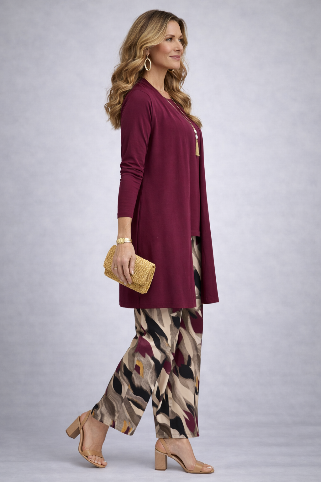 Ensemble 3 pièces violet : tunique manches longues, gilet long et pantalon imprimé