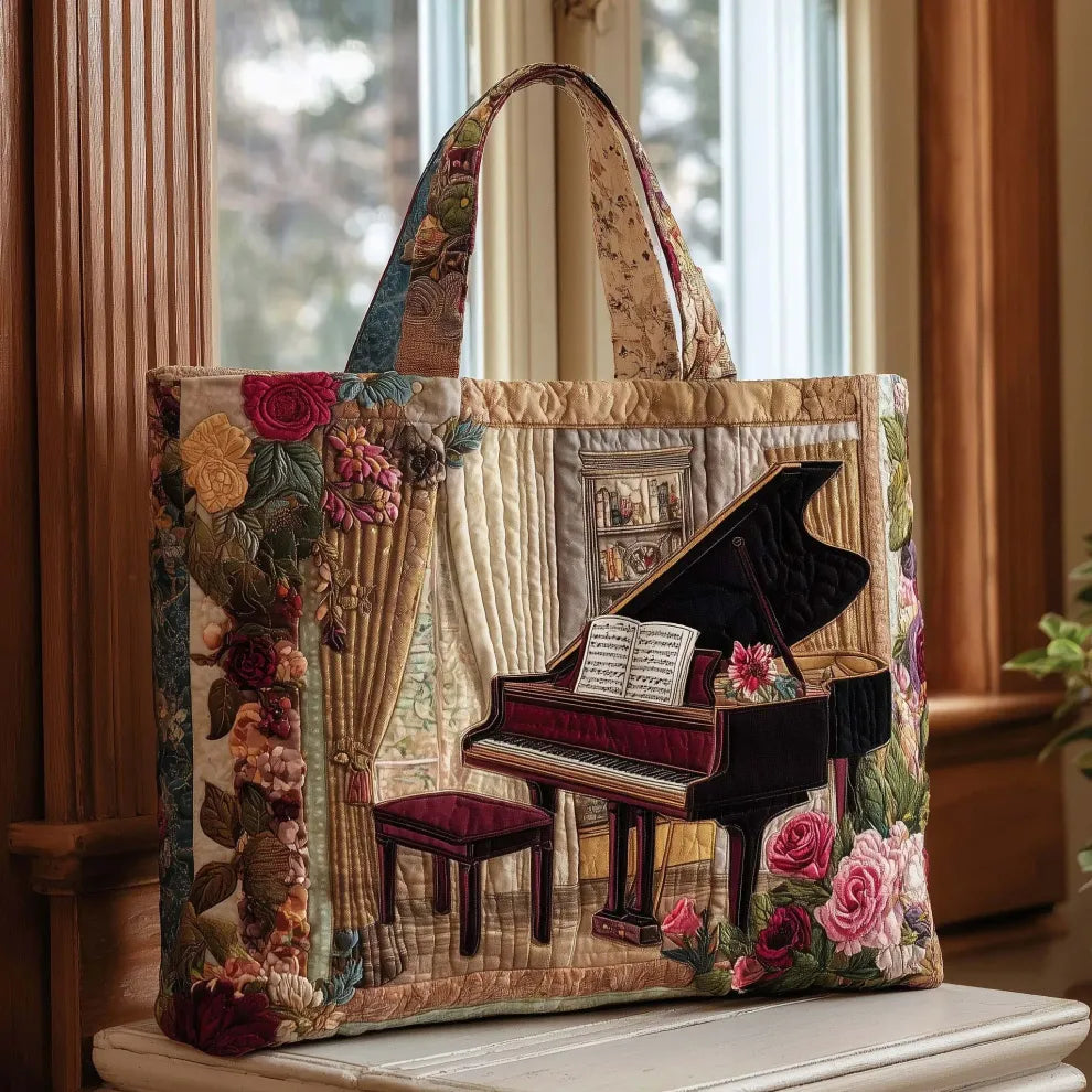 Sac bandoulière matelassé fait main, toile crème à motifs floraux et applique piano.