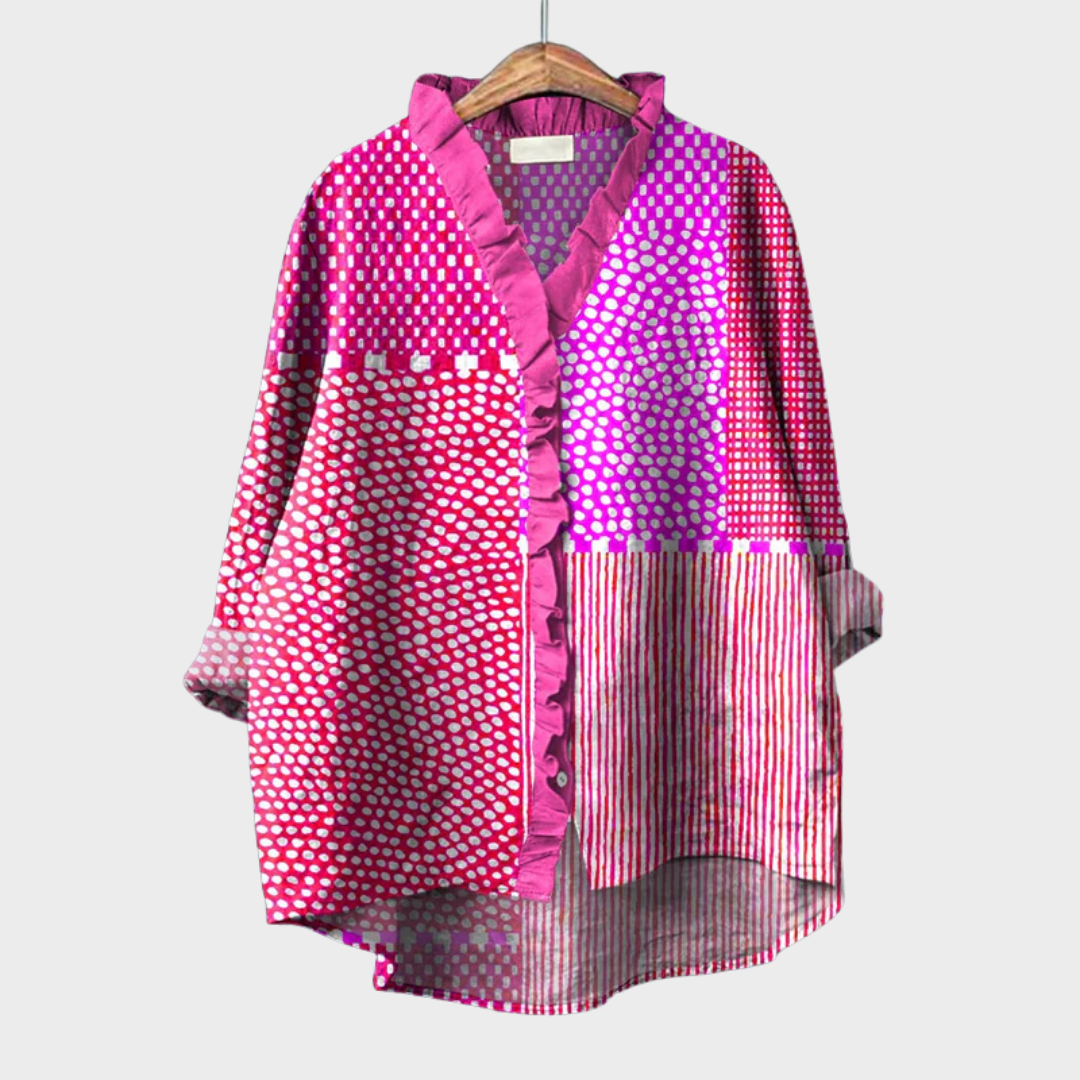 Blouse légère imprimée violet et rose, col en V boutonné, manches longues et volants