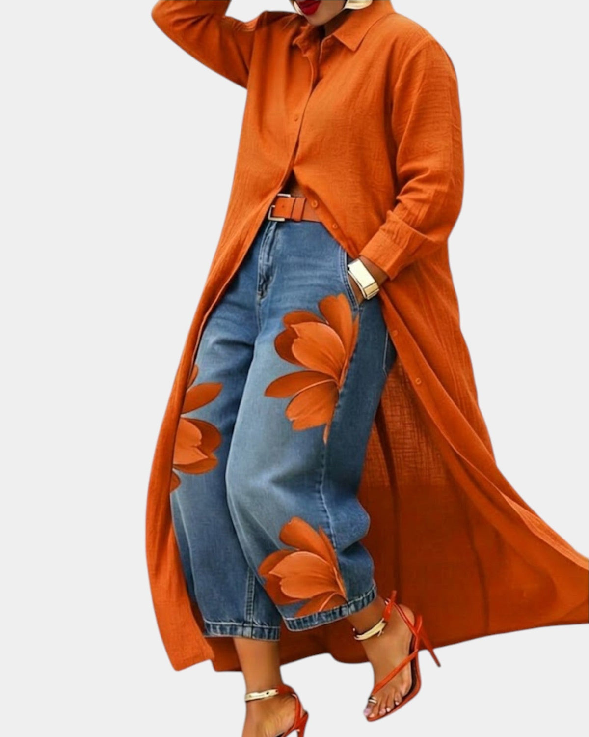 Ensemble robe longue et pantalon jean orange, imprimé floral sur jean bleu