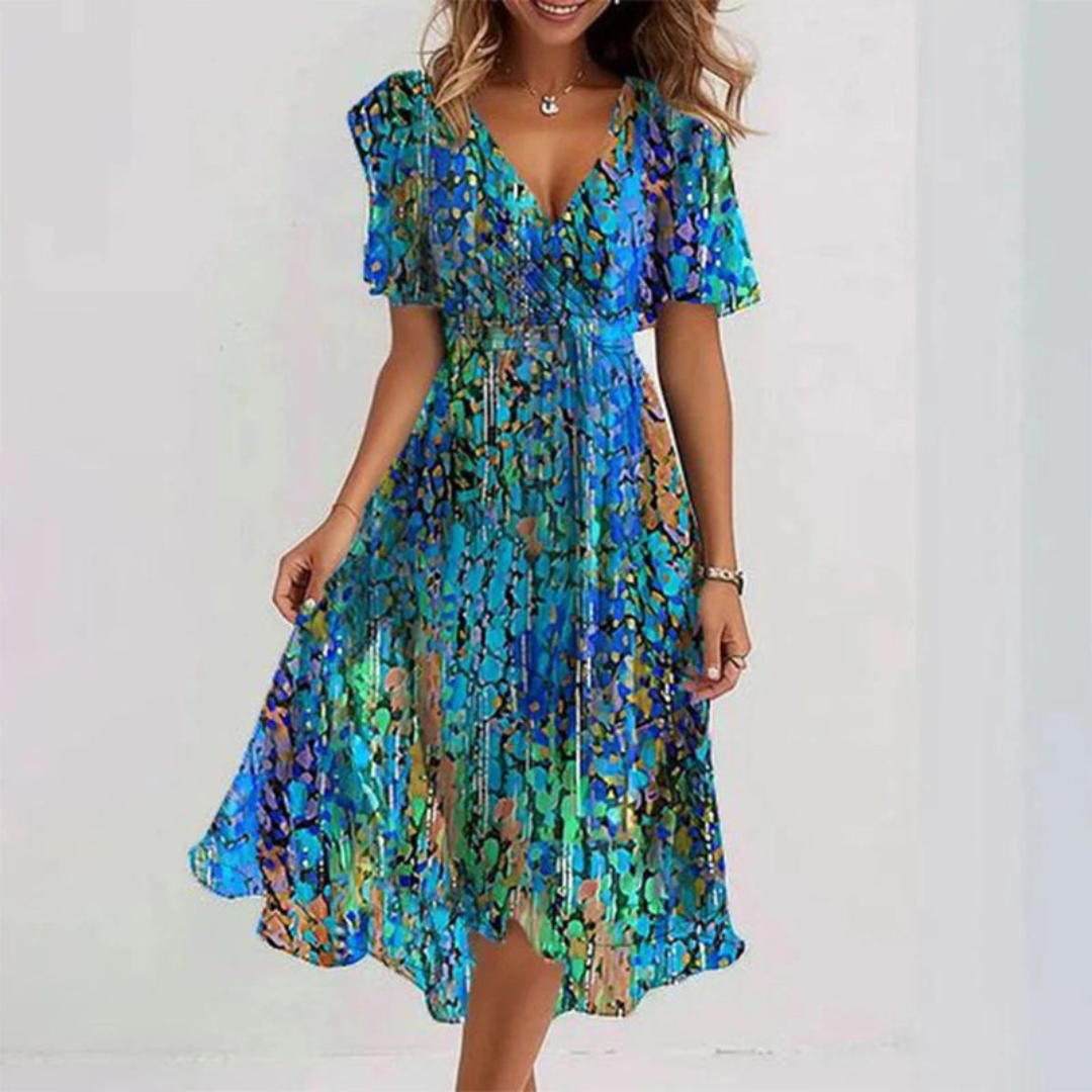 Robe d’été bleue à motifs, décolleté V, manches courtes, taille froncée