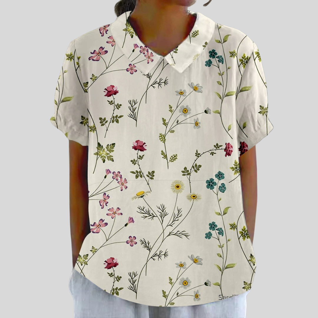 Blouse Béatrice botanique fine blanche, manches courtes, col à chemise, imprimé floral multicolore
