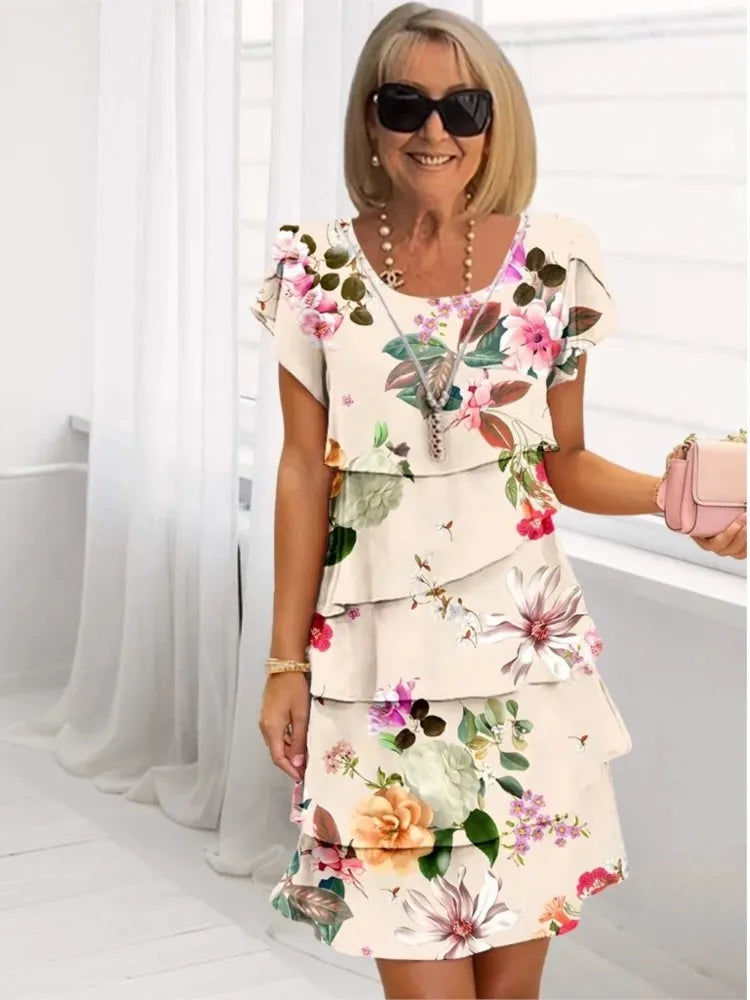 Robe courte fluide Camille à volants, manches courtes, imprimé floral multicolore