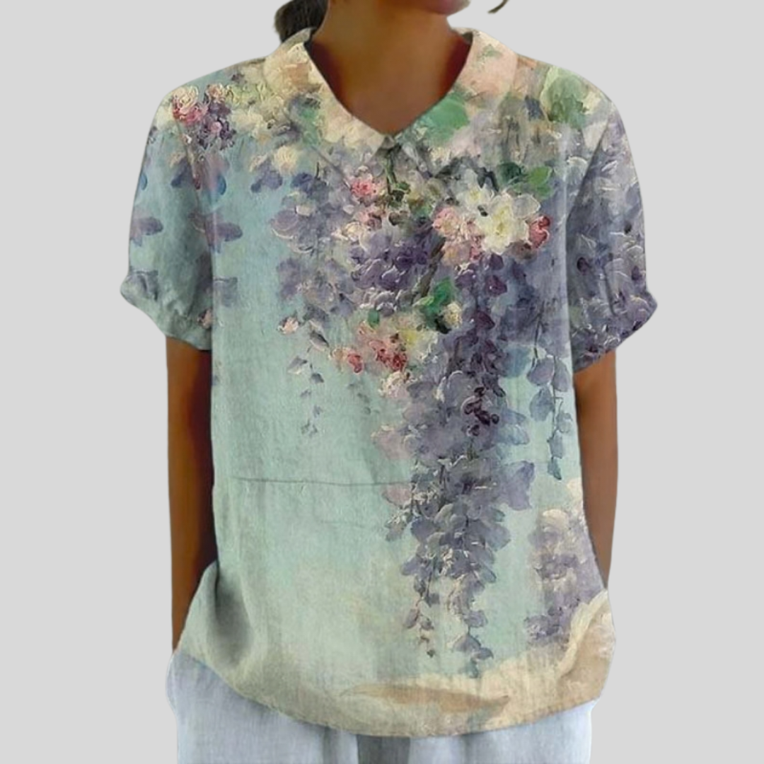 Blouse en lin vert pastel à encolure en V, manches courtes, motif floral multicolore