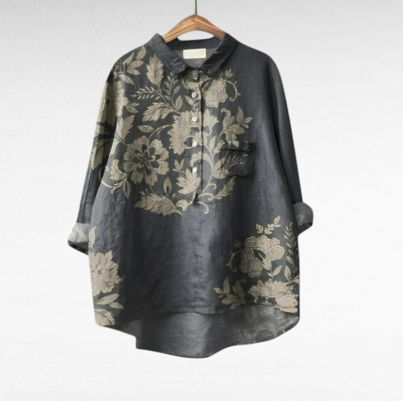 Blouse d’été grise foncée à fleurs beige, col boutonné, manches amples