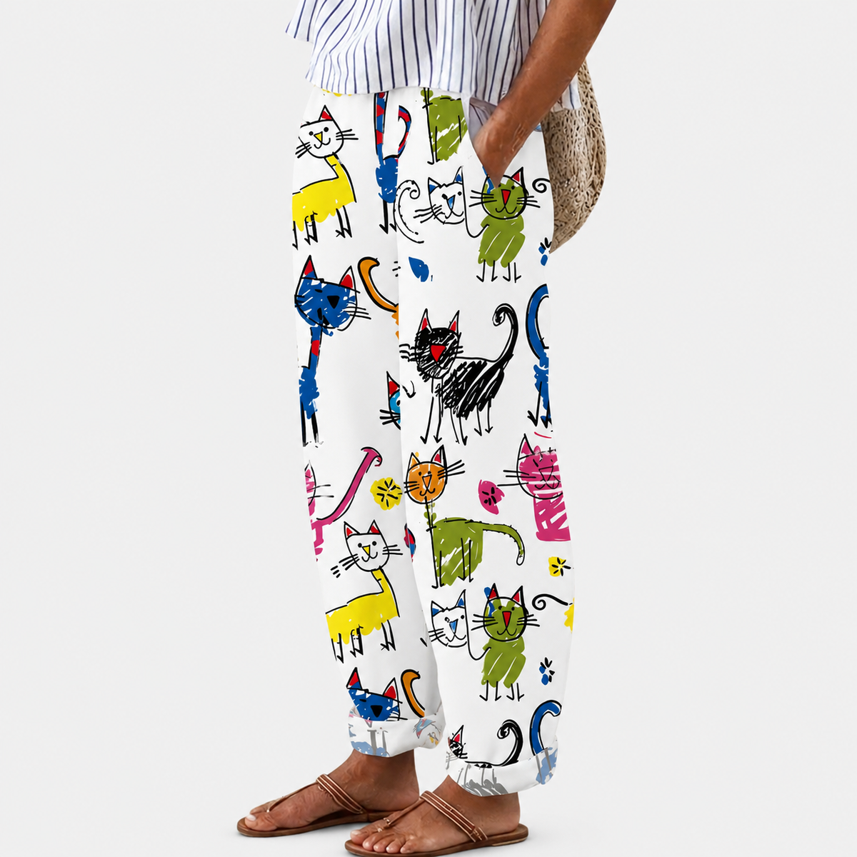 Pantalon blanc à motifs de chats multicolores, coupe ample et taille élastique