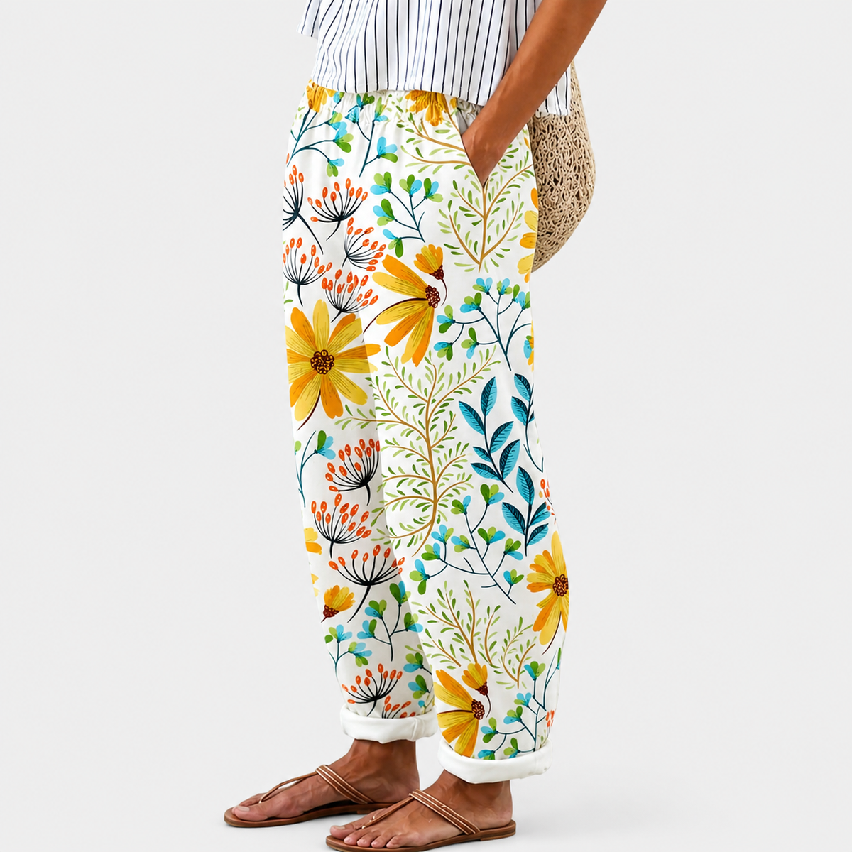 Pantalon confortable blanc imprimé fleurs et feuilles, taille élastique, bas resserré