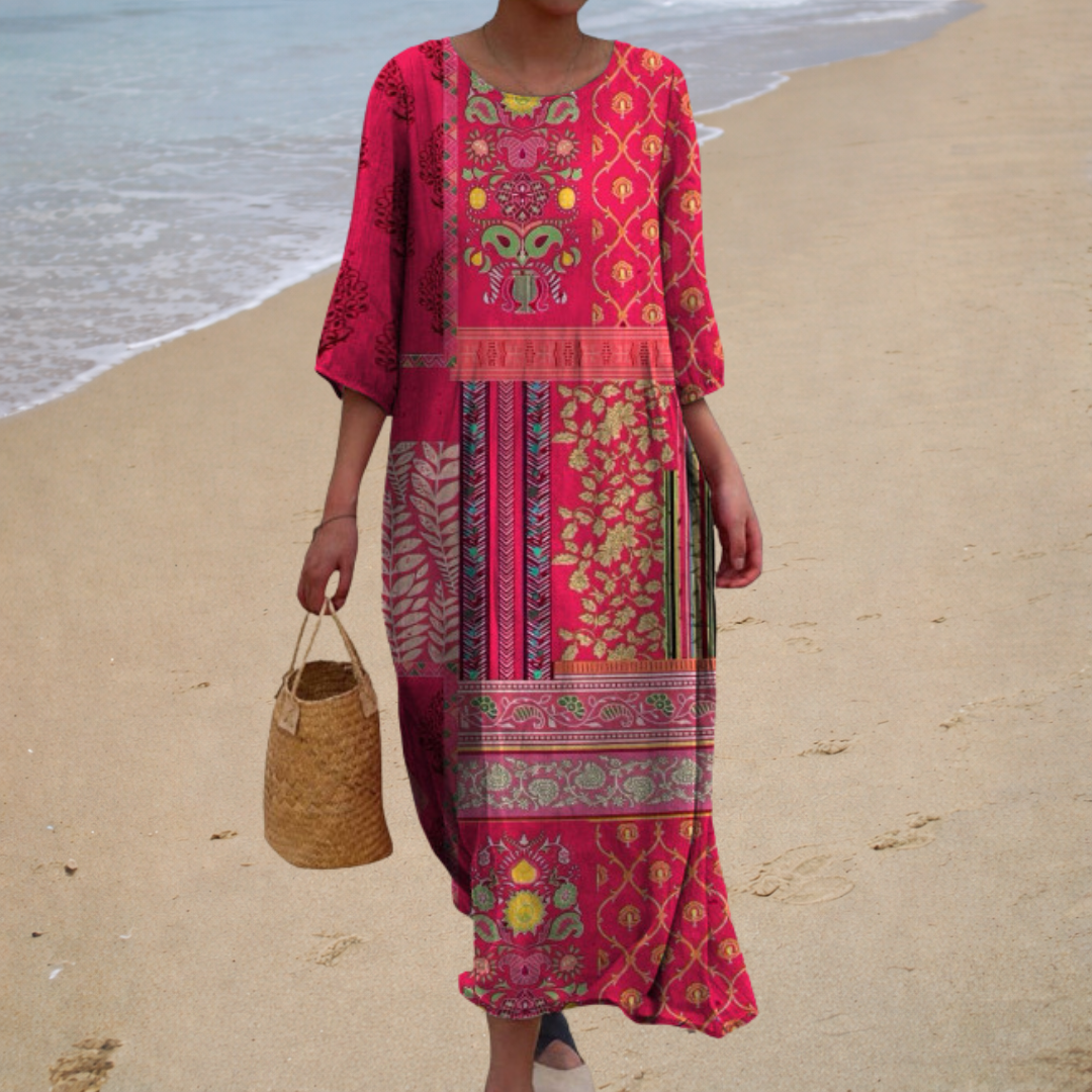 Robe longue fluide à motifs cachemire, col rond et manches 3/4, multicolore