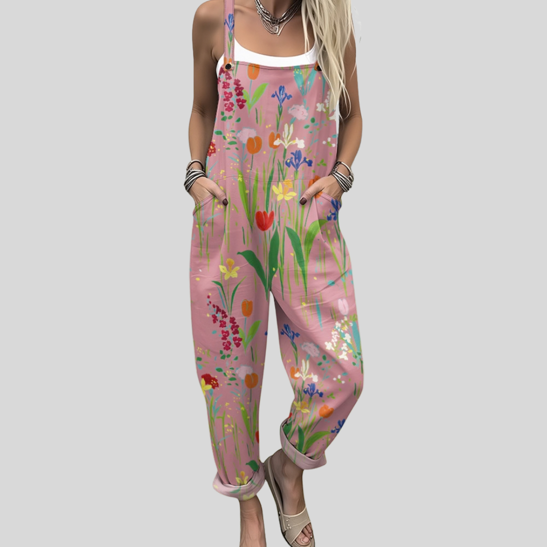 Salopette légère à bretelles, imprimé floral et fruits colorés, jambe ample