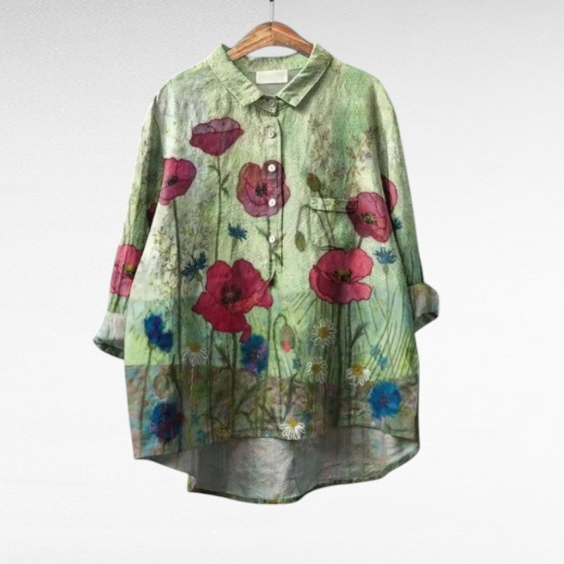 Blouse Thaélys champêtre à fleurs vert clair, col et boutonnage, manches 3/4