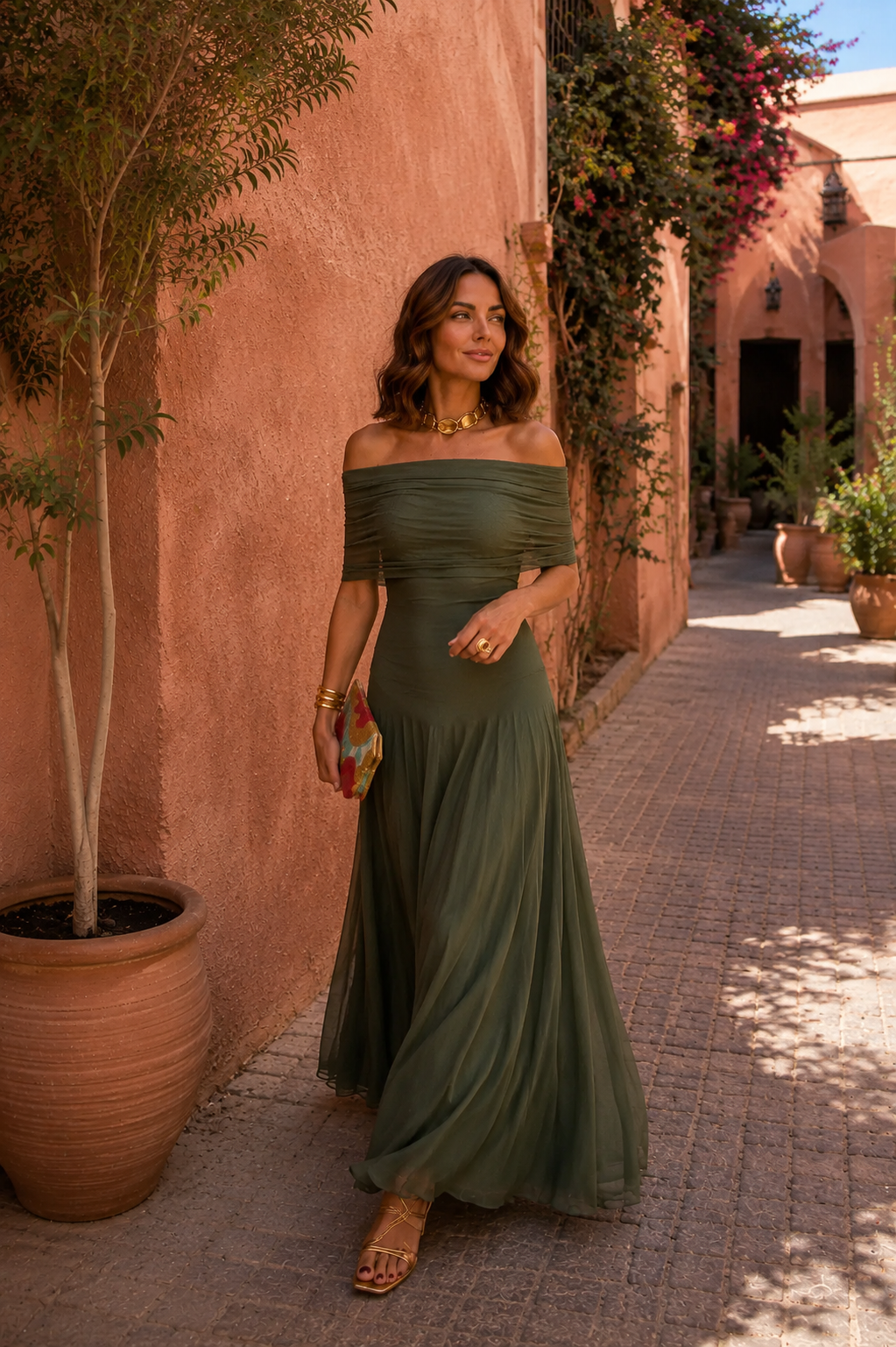 Robe longue vert olive épaules dénudées, buste froncé et jupe évasée, tenue avec pochette colorée.
