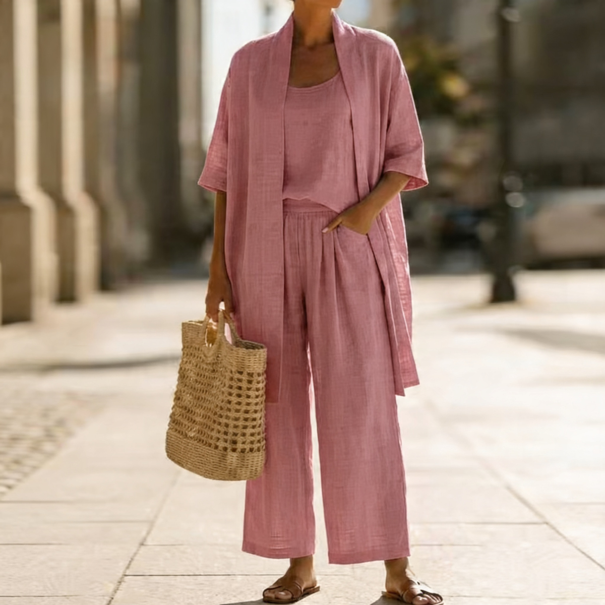 Ensemble trois pièces rose : tunique ouverte et pantalon ample.
