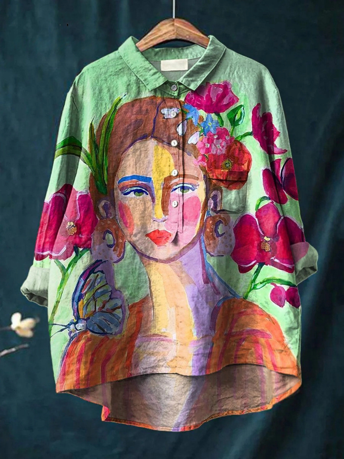 Chemise femme à manches longues multicolore, imprimé portrait artistique décentré
