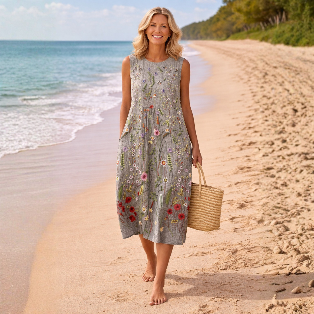 Robe mi-longue grise sans manches à fleurs multicolores, coupe ample