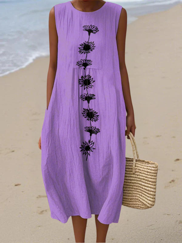 Robe midi violette sans manches à broderie florale noire