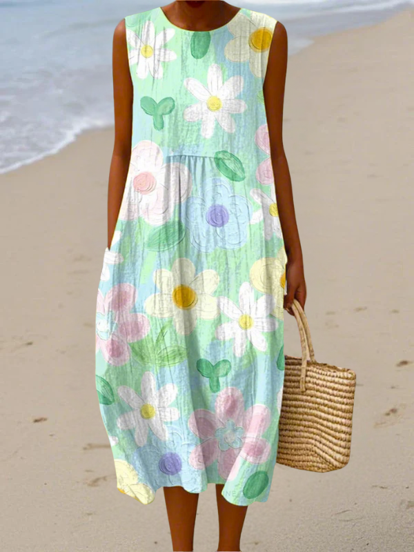 Robe midi sans manches à col rond, imprimé fleurs pastel vert, rose et jaune.