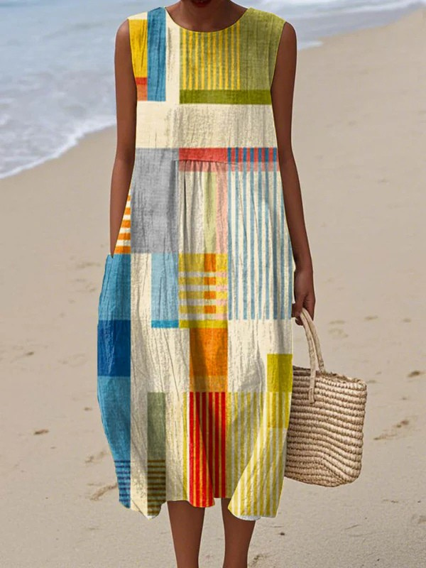 Robe midi sans manches à empiècements géométriques multicolores, col rond