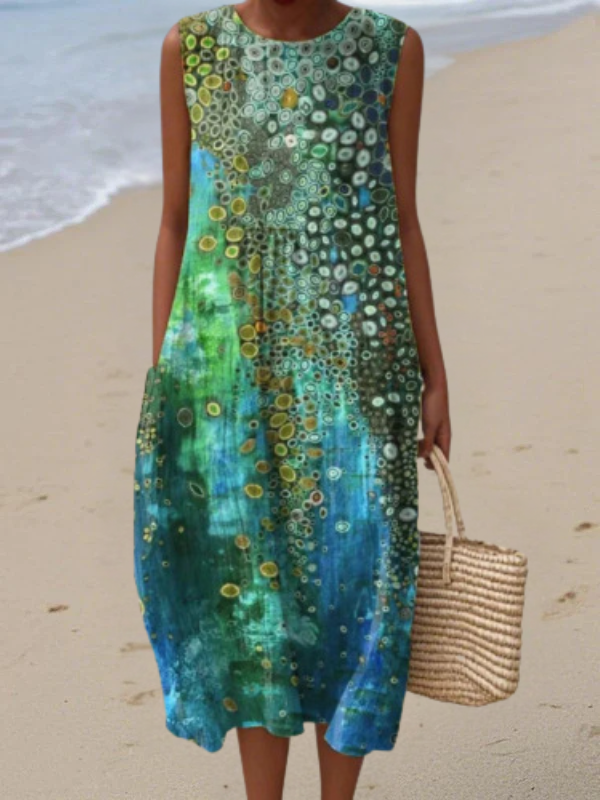 Robe midi sans manches multicolore à motif floral, en tissu fluide, coupe ample