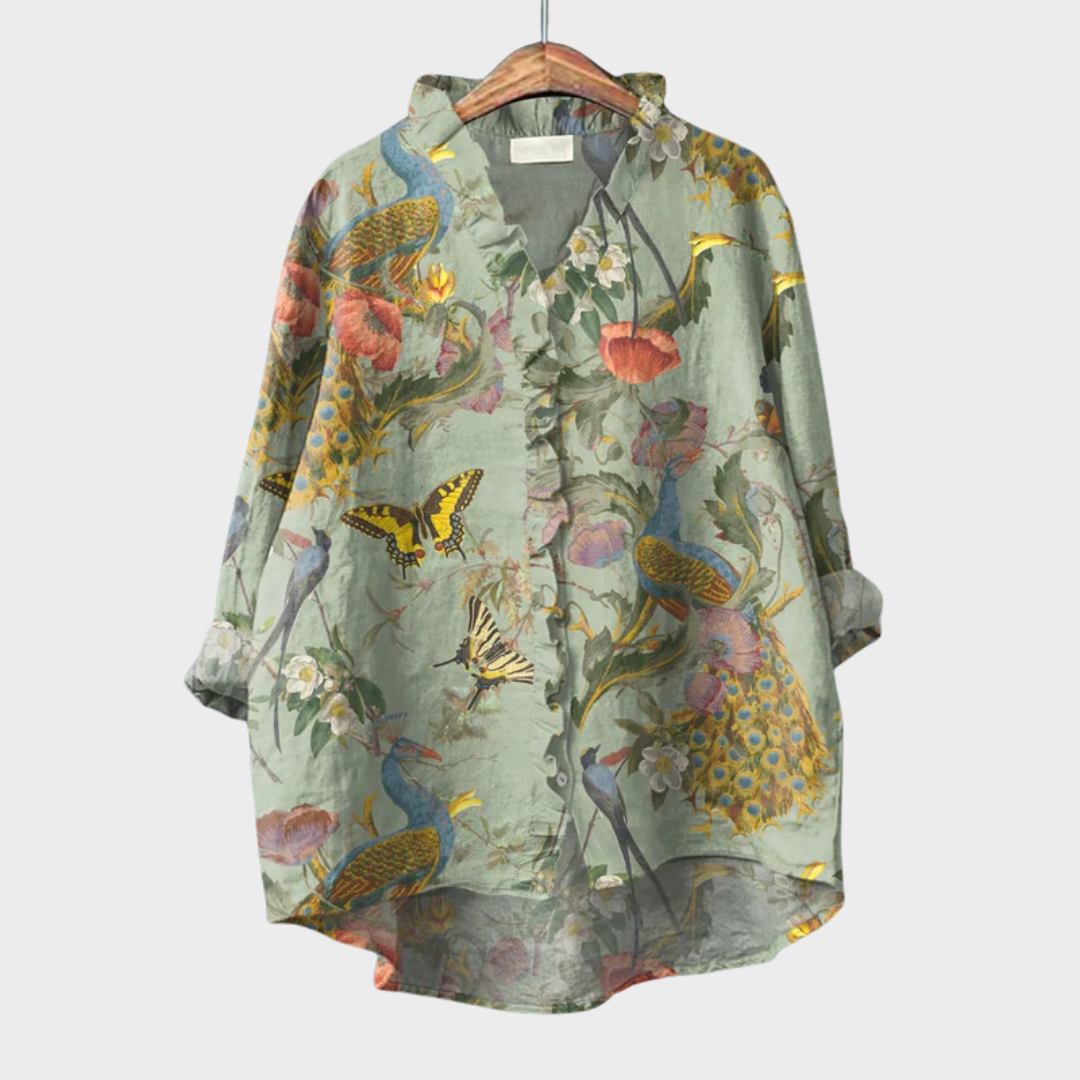 Chemise d’été en lin vert clair imprimée fleurs et oiseaux, col et boutons devant
