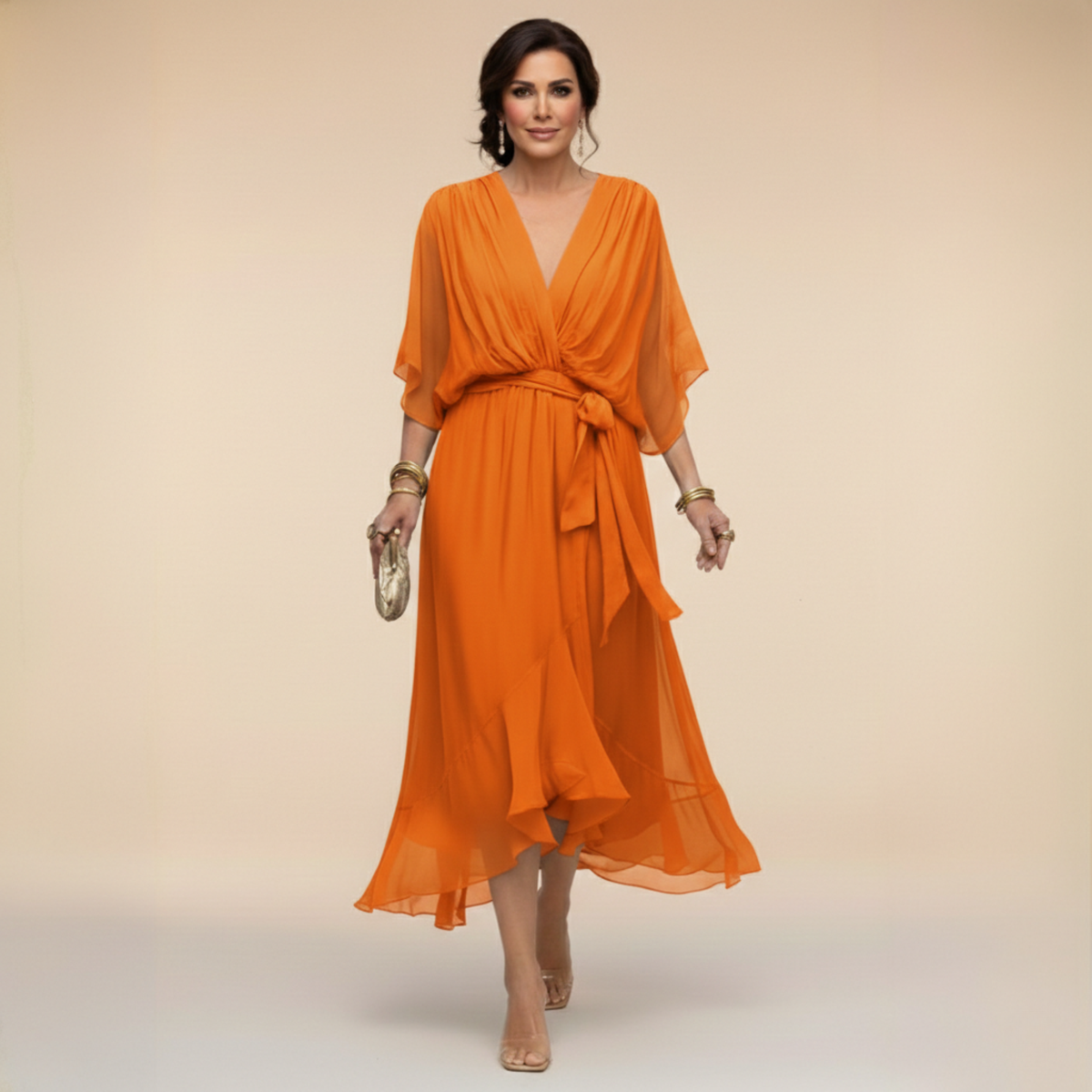 Robe mousseline orange en V, ceinture nouée, manches chauve-souris, mi-longue