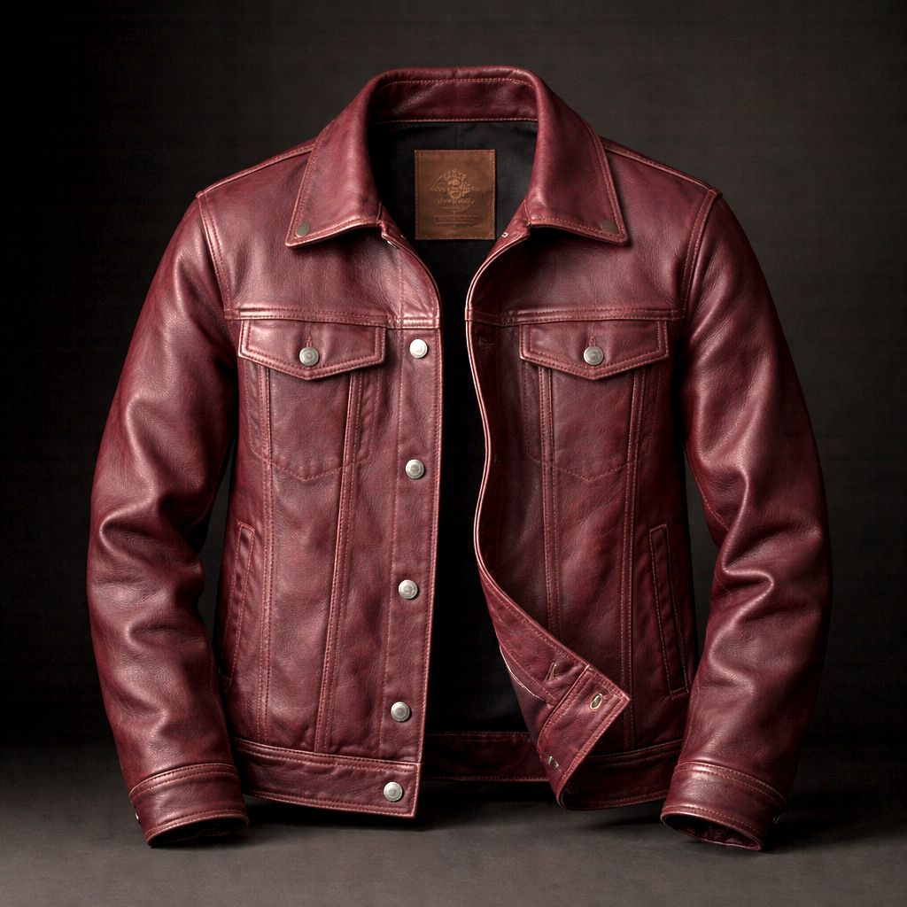 Veste motard homme en cuir bordeaux, col à revers, poches poitrine à rabat et boutons pression.