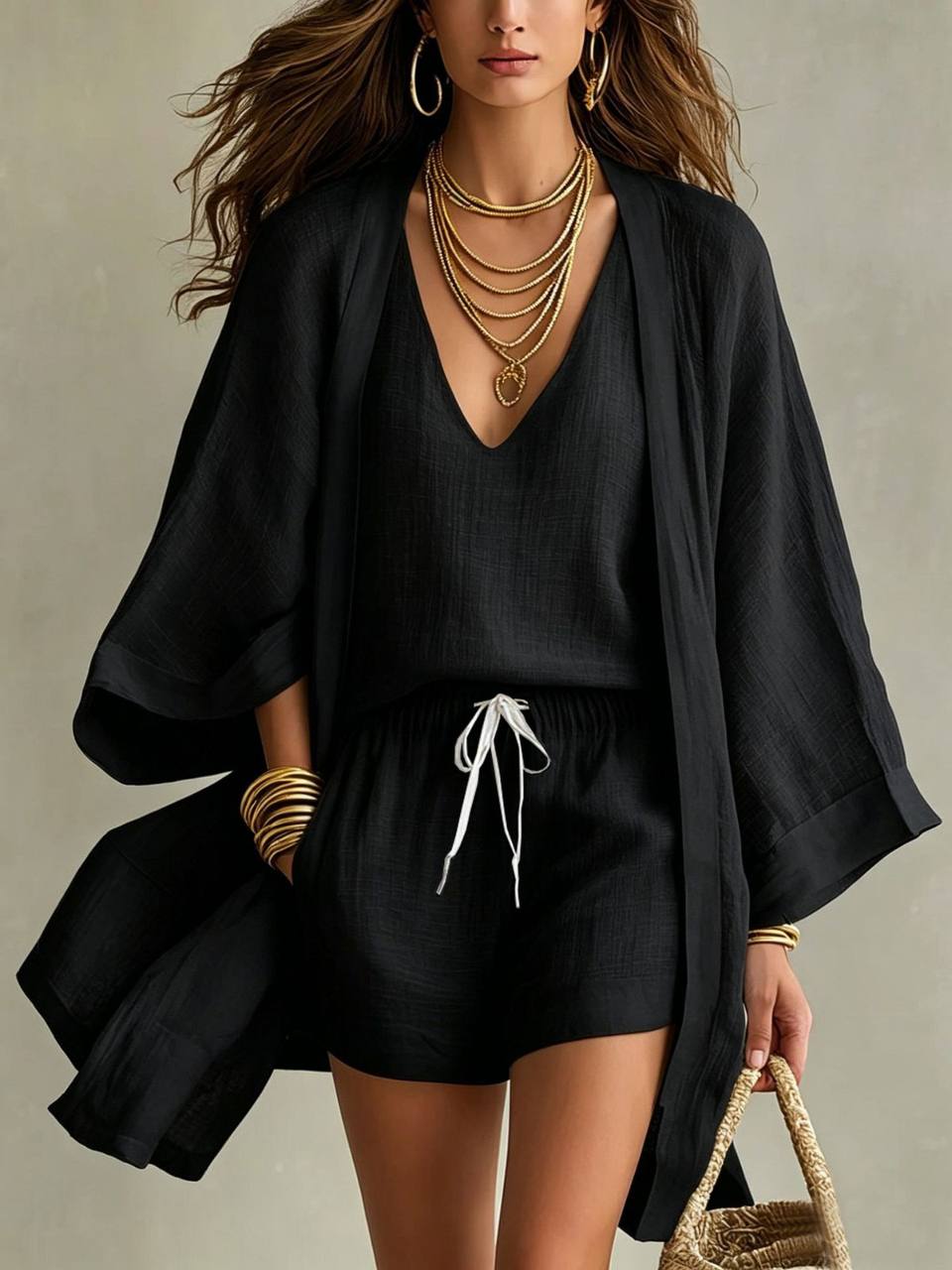 Ensemble tunique col V et short à cordon, noir