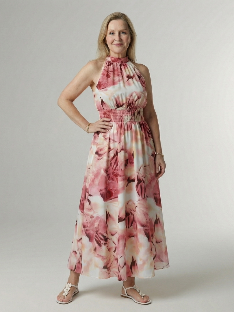 Robe midi à bretelles licou froncé, imprimé floral rose et blanc, vue de face