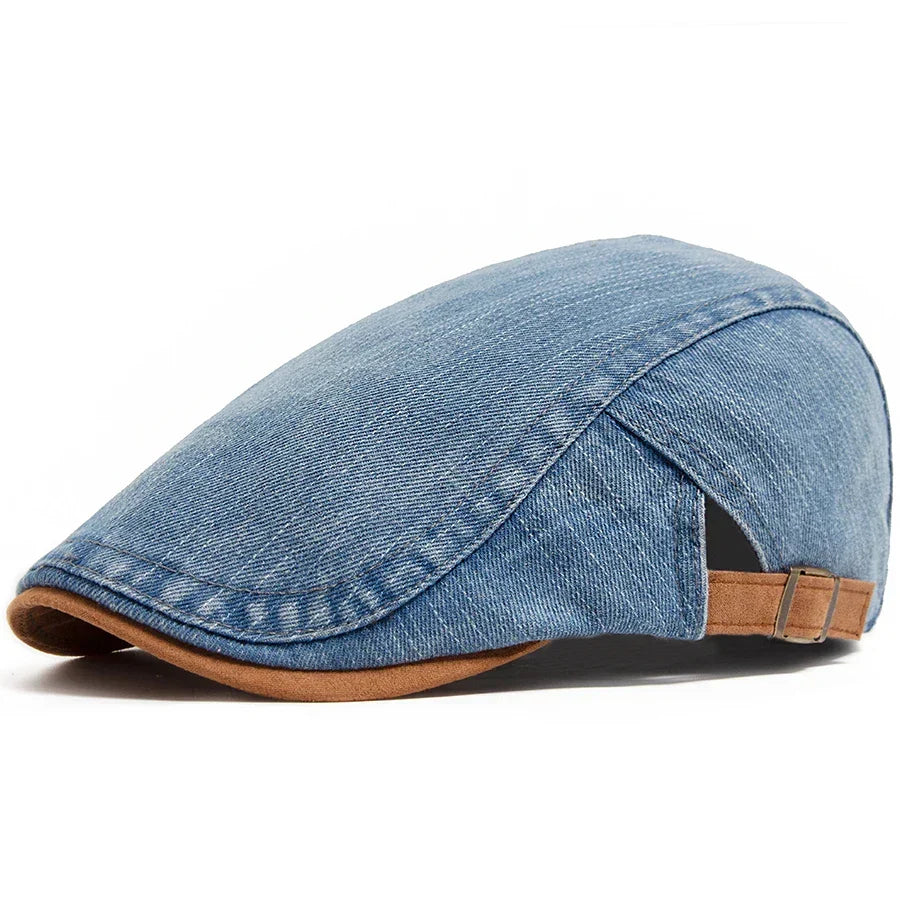 Casquette en jean bleu clair pour homme, profil avec patte de réglage et surpiqûres visibles