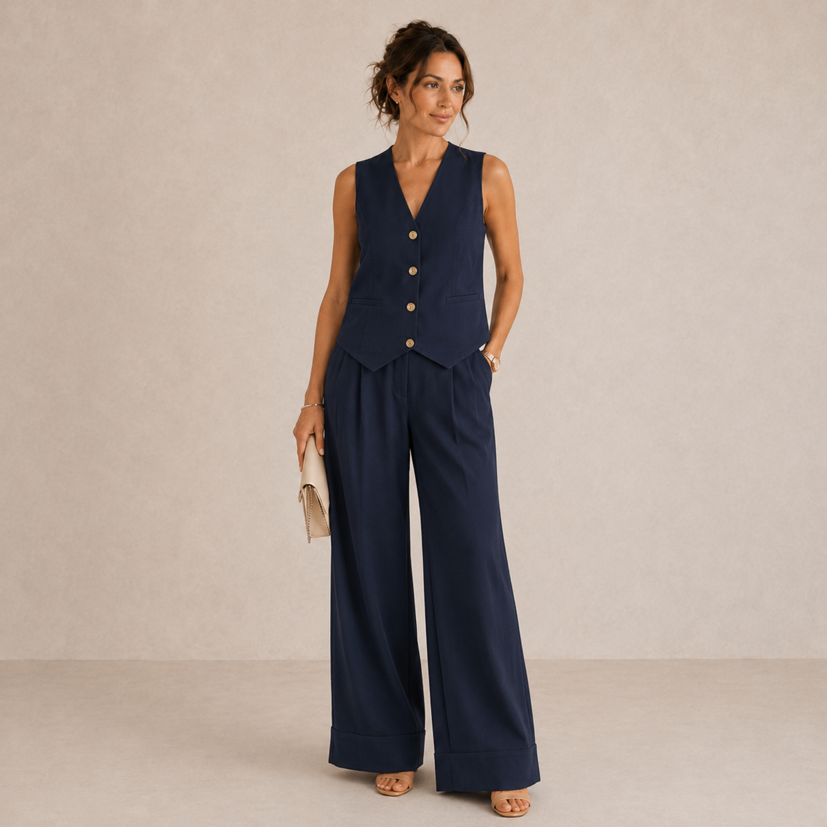 Ensemble élégant ALEKSANDRA bleu marine : gilet boutonné sans manches et pantalon fluide.