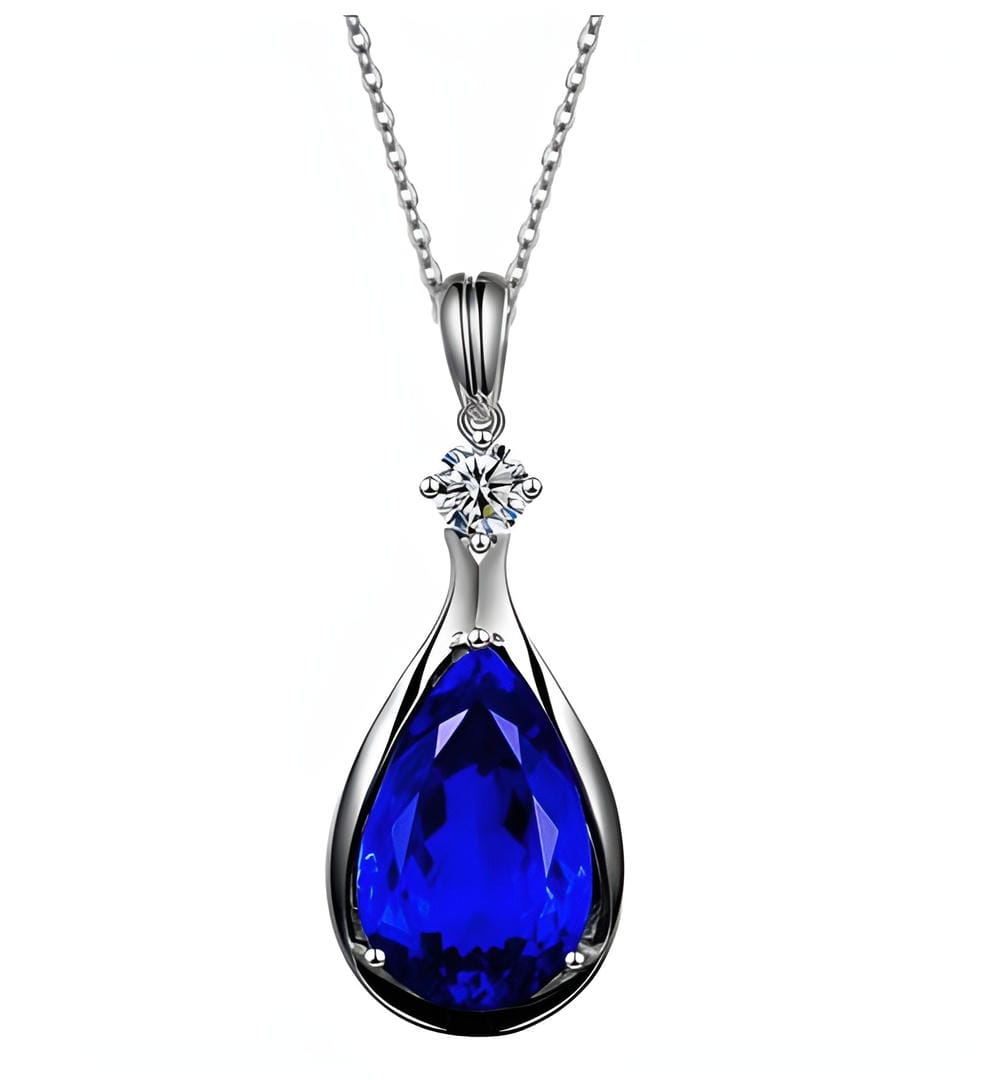 Pendentif infini argenté, saphir bleu goutte et petite pierre ronde, sur chaîne