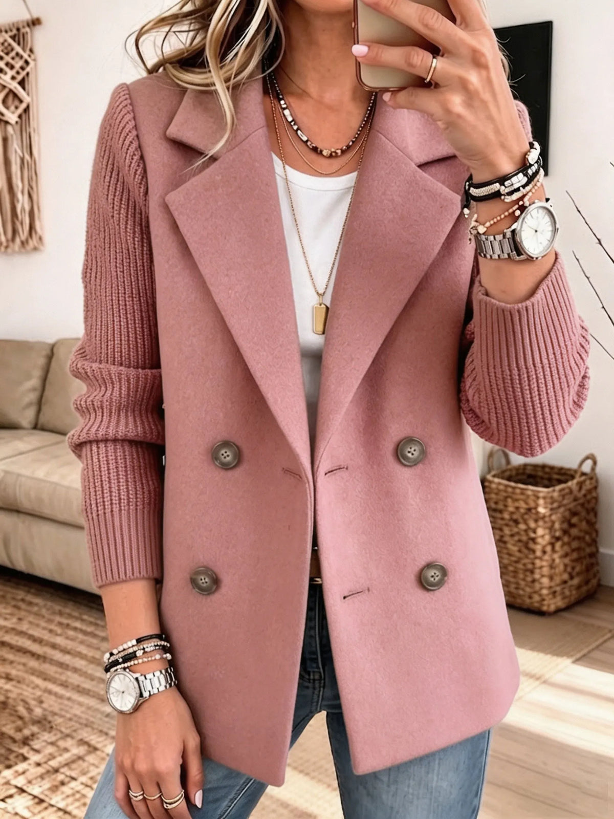 Blazer boutonné en maille, manches longues, rose poudré.