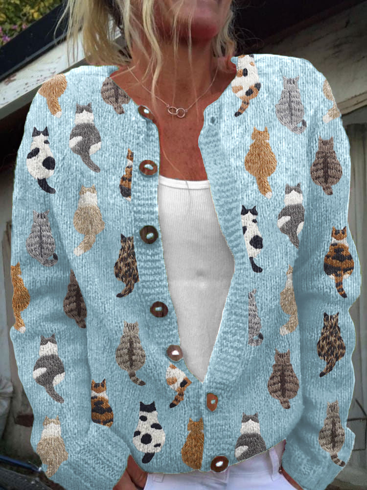 Cardigan douillet bleu à imprimé de chats, col en V, boutonné