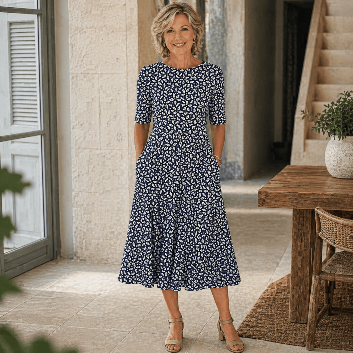Robe midi fluide bleu foncé à motif floral blanc, manches courtes évasées