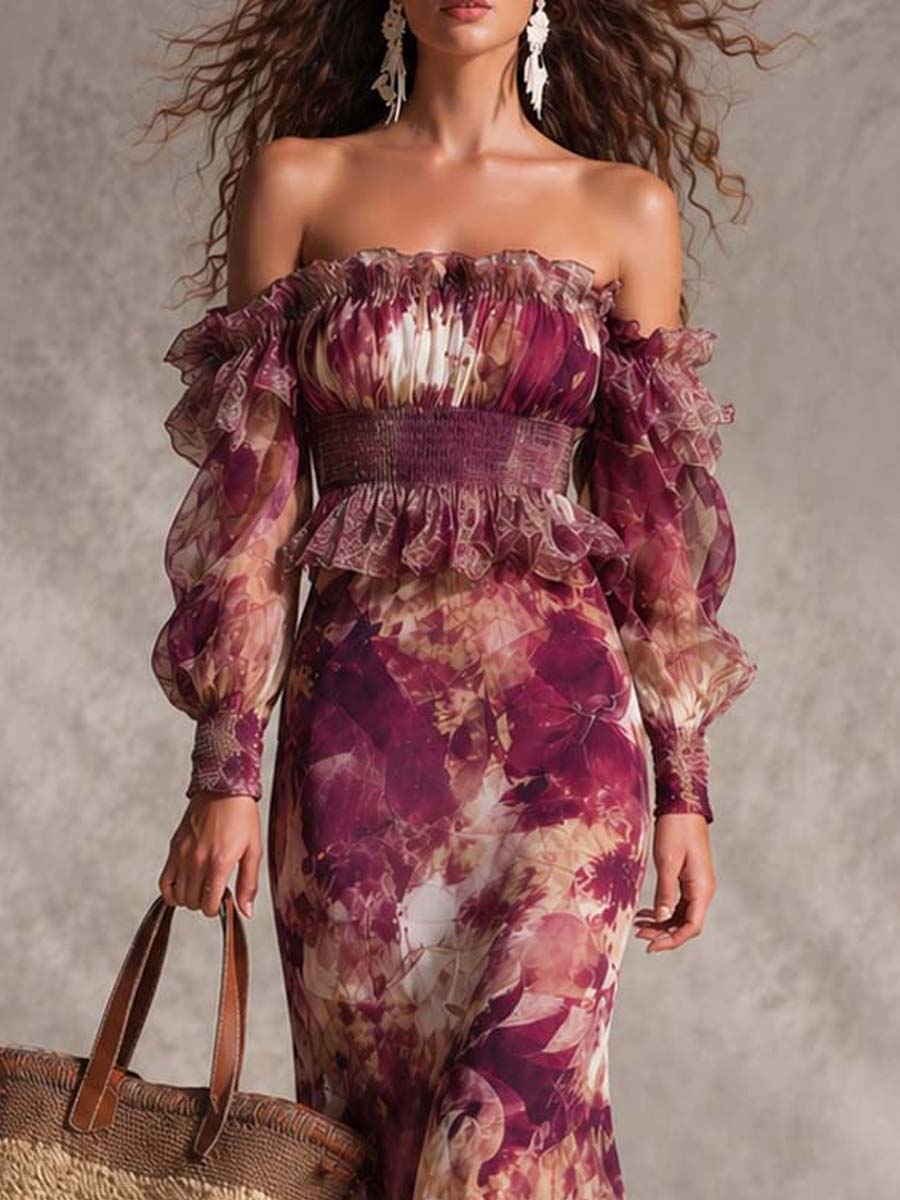 Robe longue mousseline, épaules dénudées, bustier à volants, motif floral