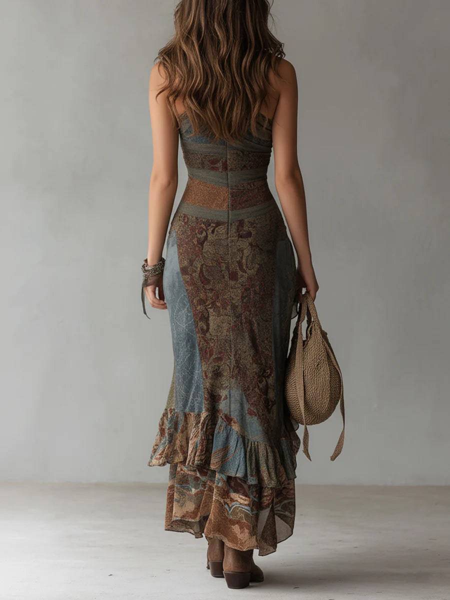 Robe longue asymétrique imprimée gris, fente, volants en bas, dos encolure nageur