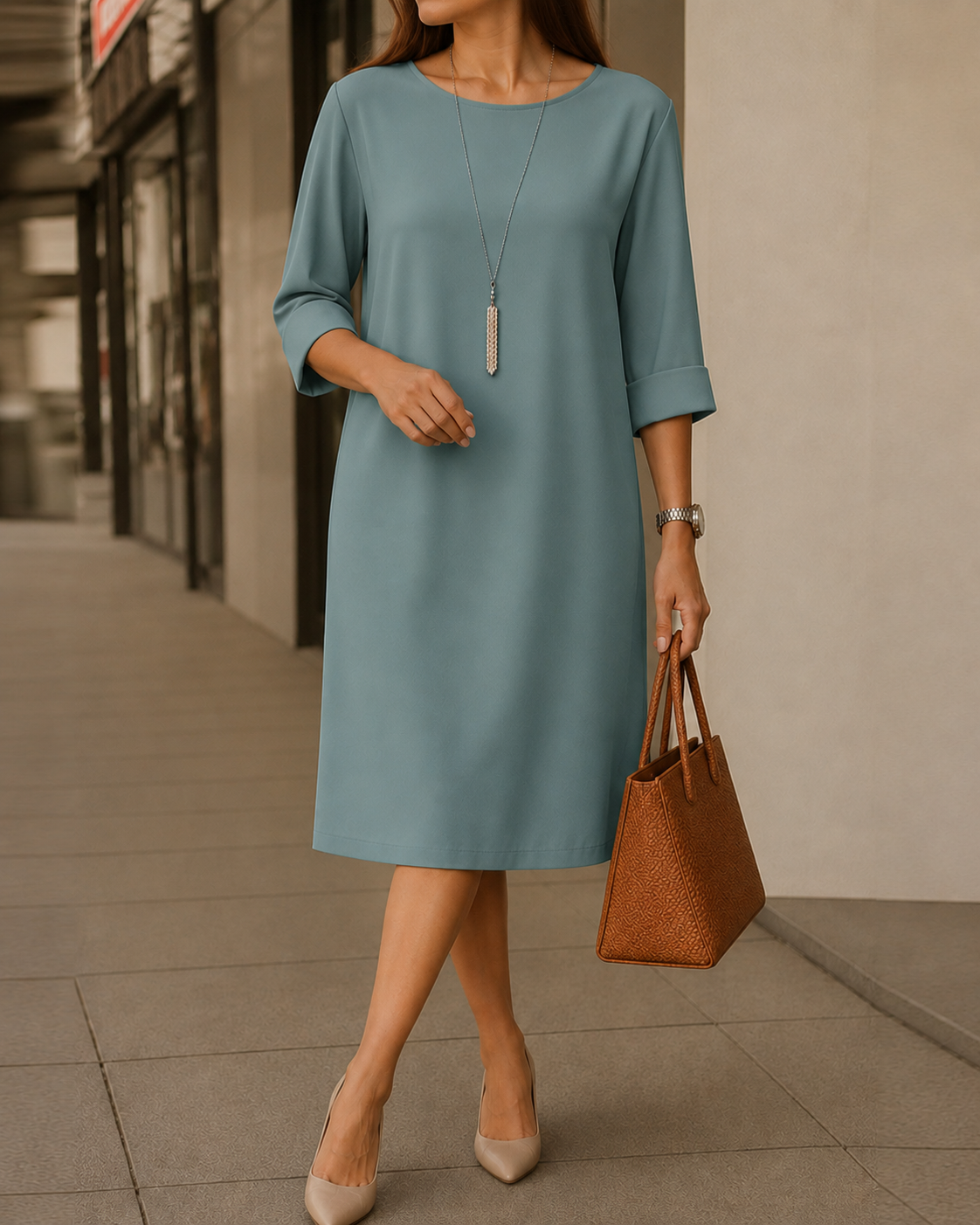 Robe midi fluide bleue-vert à manches trois-quarts, col rond, coupe droite.