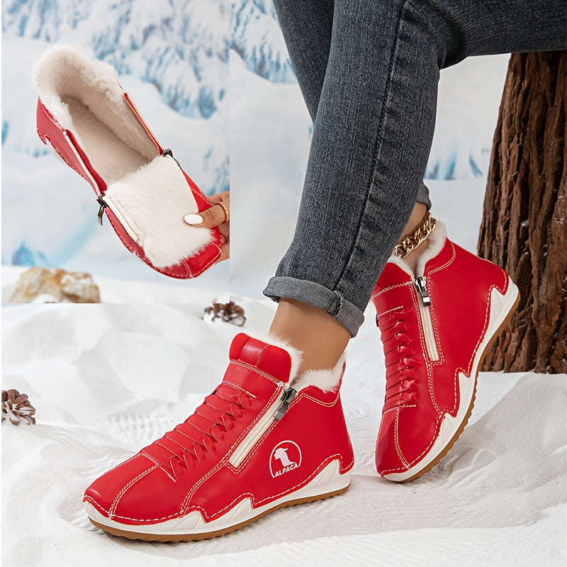 Bottines d’hiver rouges à zip latéral, col fourré et semelle confortable