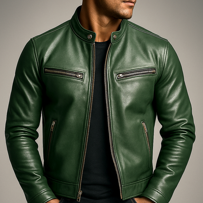 Veste vintage en cuir vert zippée, col boutonné, poches zippées et surpiqûres