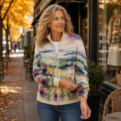 Zelda | Cardigan zippé paysage de chardon écossais