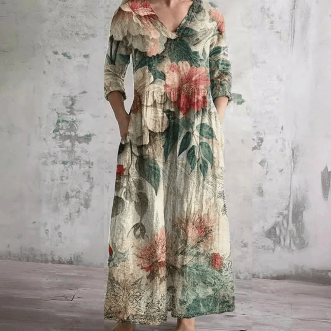 Robe d’été longue multicolore à fleurs, encolure en V, manches trois-quarts